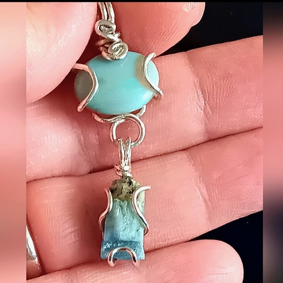 Artisan Jewelry - Australian Opal And Raw Aquamarine Pendant Sterling Silver